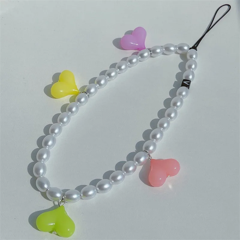 Hot Selling New Fashion Simple Super Cute Heart Phone Chain Pearl Beads Mobile Phone Strap