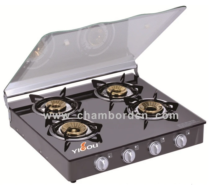 
Commercial and Household Table Tempered Glass Cast Iron 4 Burner with Brass Cap Gas Cooktop with Cover 