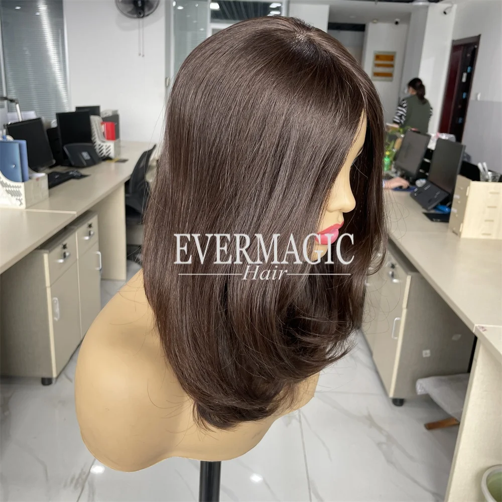 stock dark brown silk top medical wig with anti slip strip for alopecia realistic hand tied glueless wigs for female hair loss