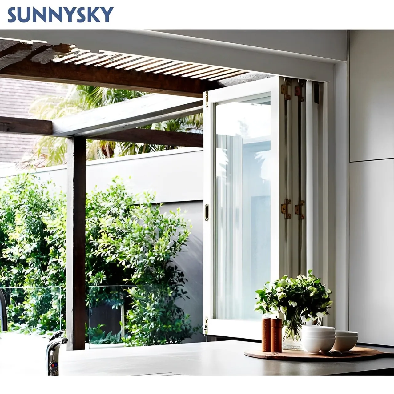 Sunnysky High quality white Aluminum Frame Large View Glass Bifolding Windows Balcony Accordion Folding Patio Window