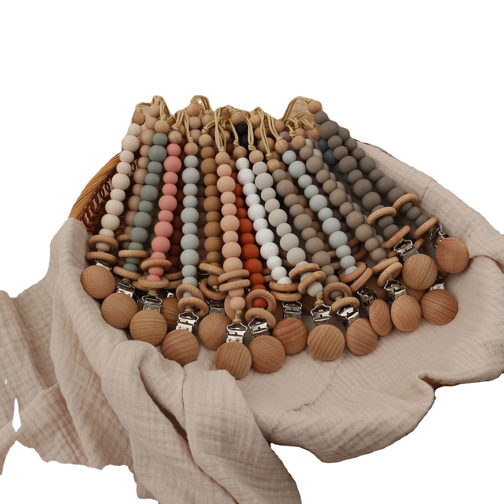 Wholesale Custom Baby Teething Dummy Chain Wooden Silicone Beads Teething Holder Silicone Pacifier Clip