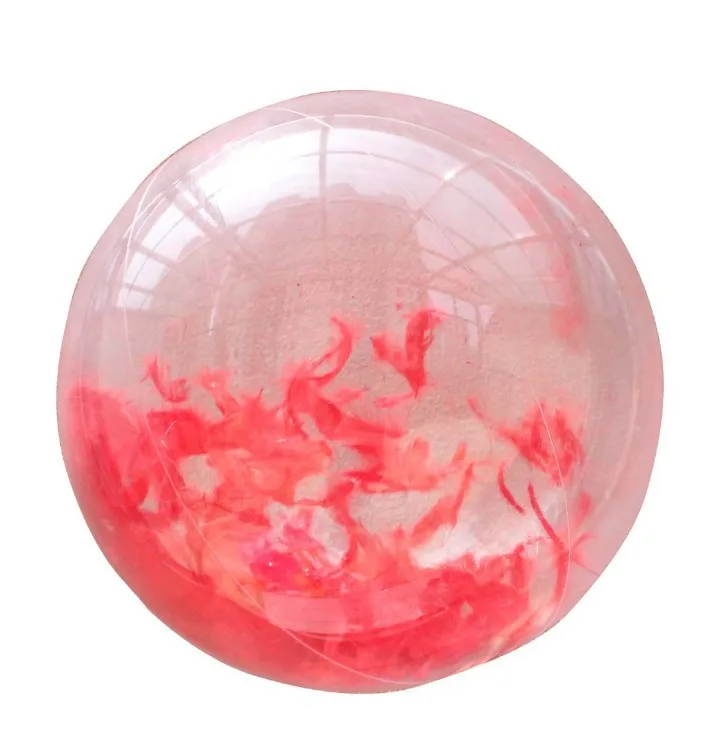 Promotional Customized 40 cm transparent intex water toys floating balls PVC Inflatable baby toy beach ball with feather