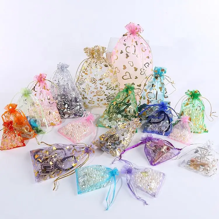 MG 9*12 cm Gold Stamping Organza Mesh Gift Pouches Gold Roses Pattern Organza Gift Bags