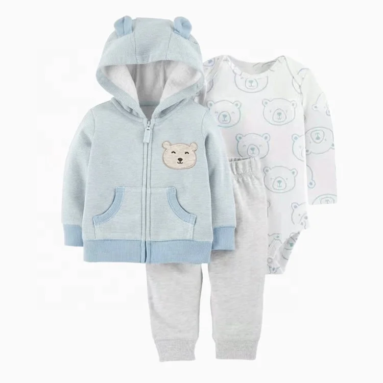 Best prices boy newborn cute Zip jacket Hooded long sleeve coat romper pants winter 3 pieces set baby clothes