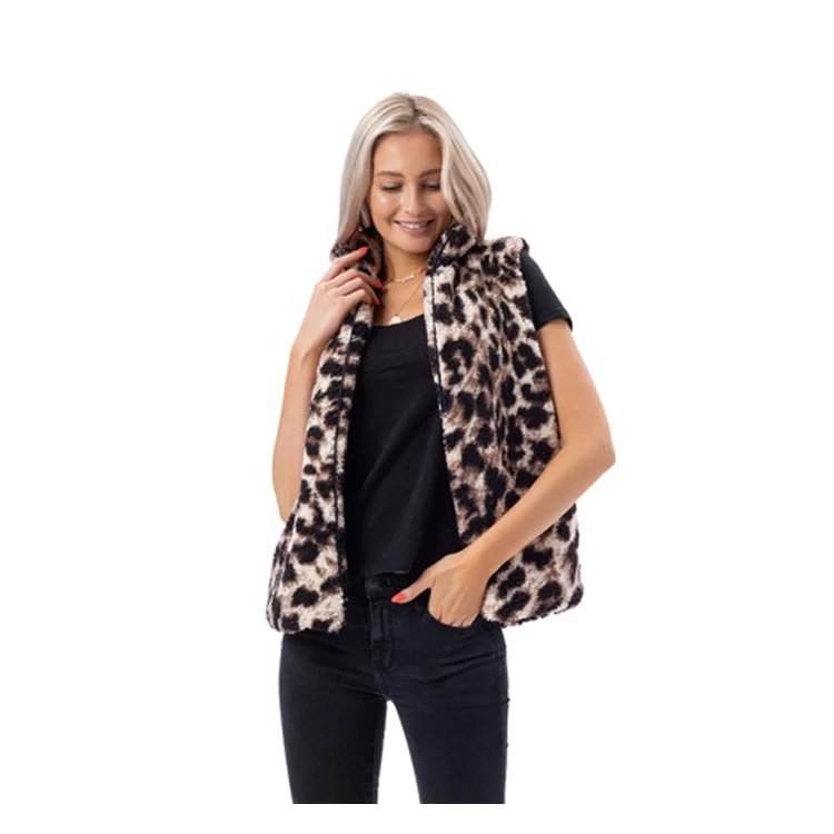 Winter Warm Outdoor Leopard Zipper Sherpa Fleece Vest For Women