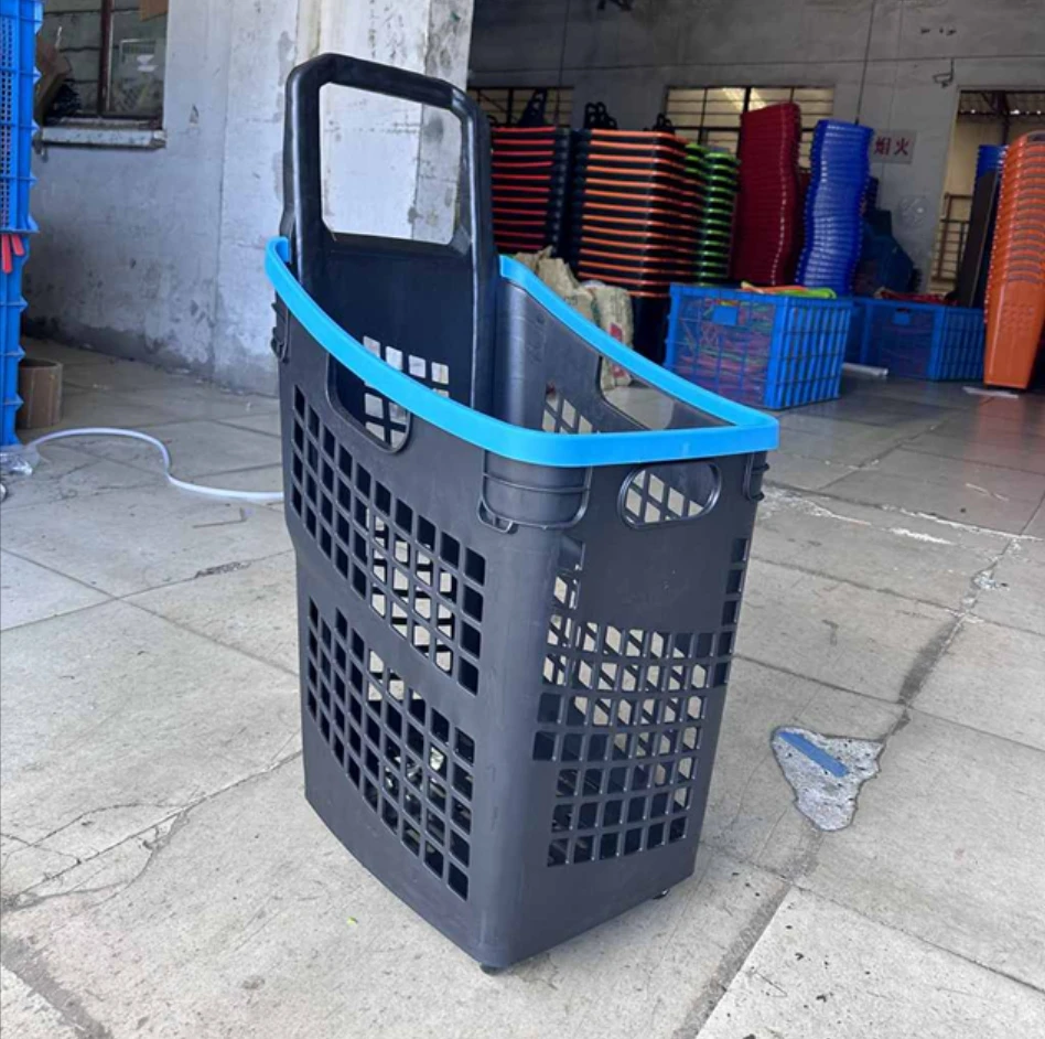 Plastic shopping basket 80L supermarket grocery rolling shopping basket with colorful