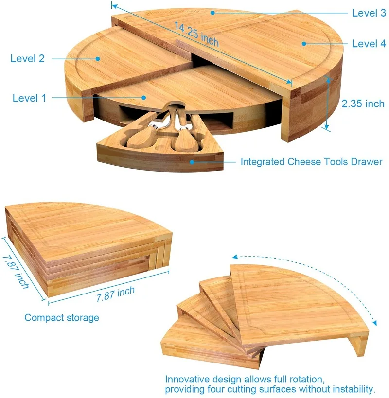 Cheap Price Compact Wedge wooden Round Charcuterie Platter Kitchen Snack Serving Tray Large Bamboo Cheese Board And Knife Set