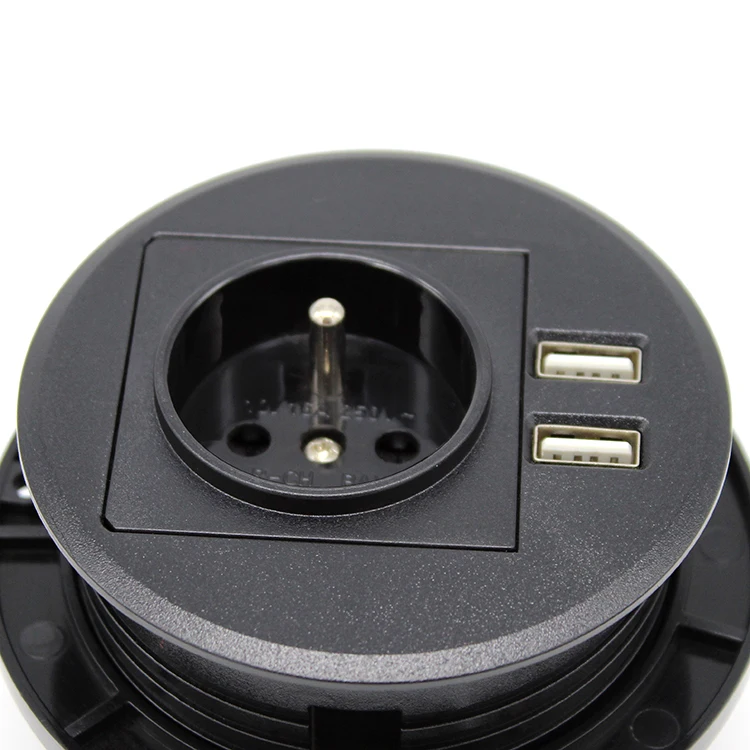 Mounted Tabletop Round EU Standard Schuko Power Outlet with Dual USB Charger Ports/ Embedded European AC Power Furniture Socket