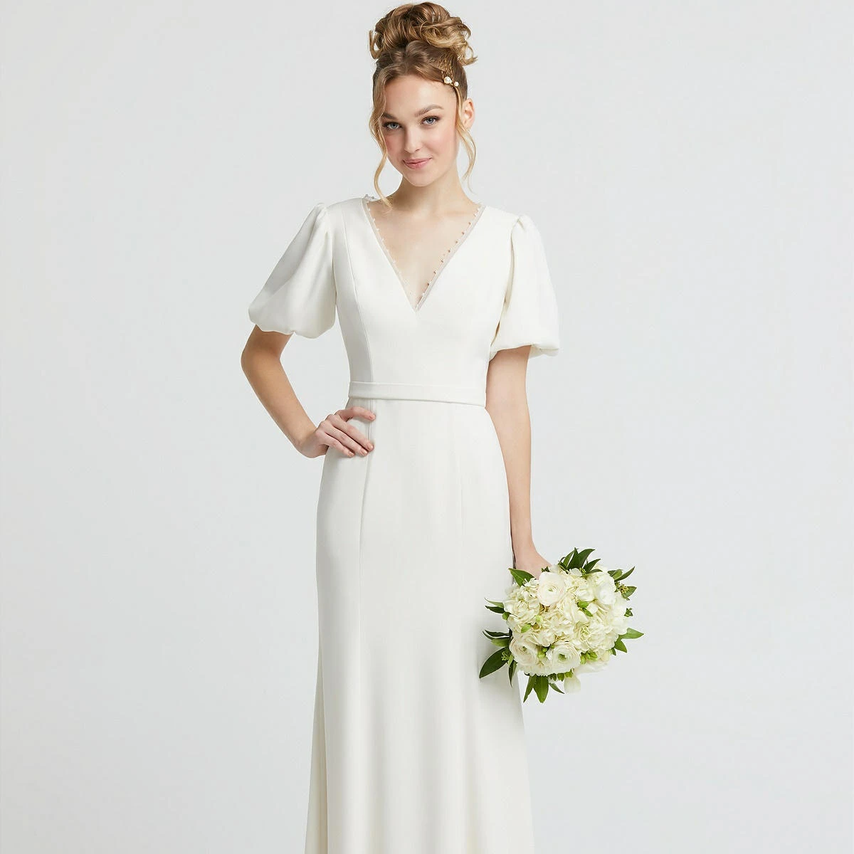 Pearl Trimmed V-Neck Mermaid Silk Wedding Dress with Bell Sleeves