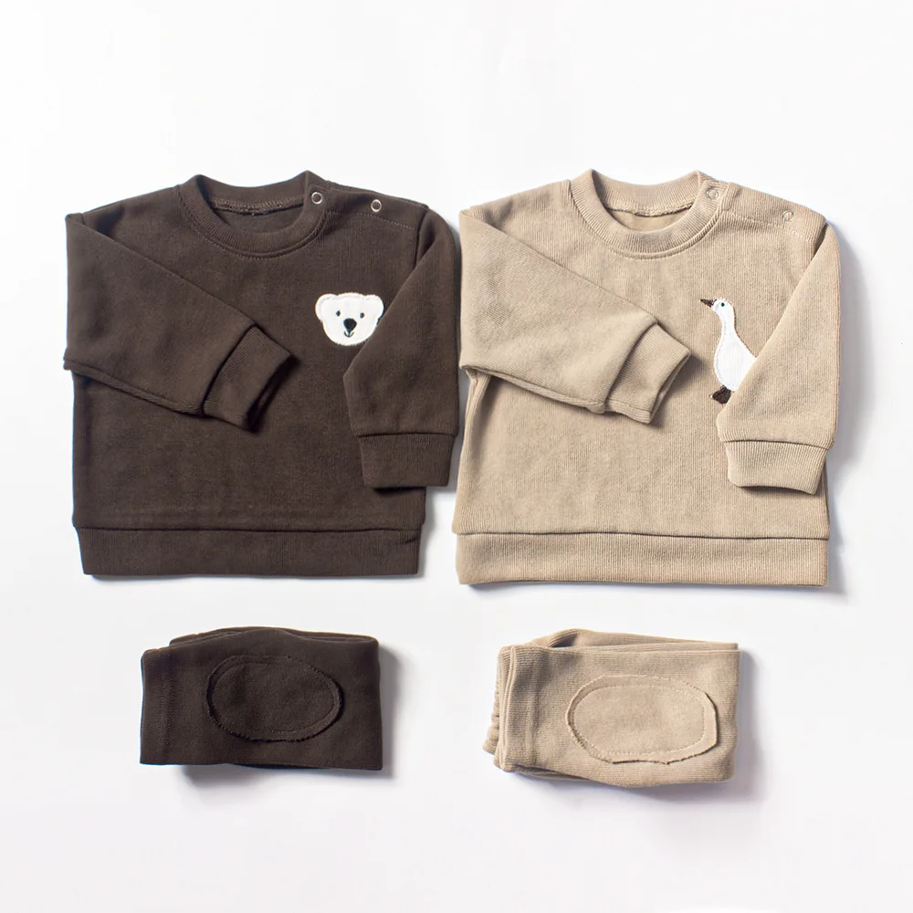 Boys Sweater Suit Beige Colored Wool Material Bear Goose Embroidery Baby Clothes Two-Piece Set Baby Boy Clothes 0-3 Months