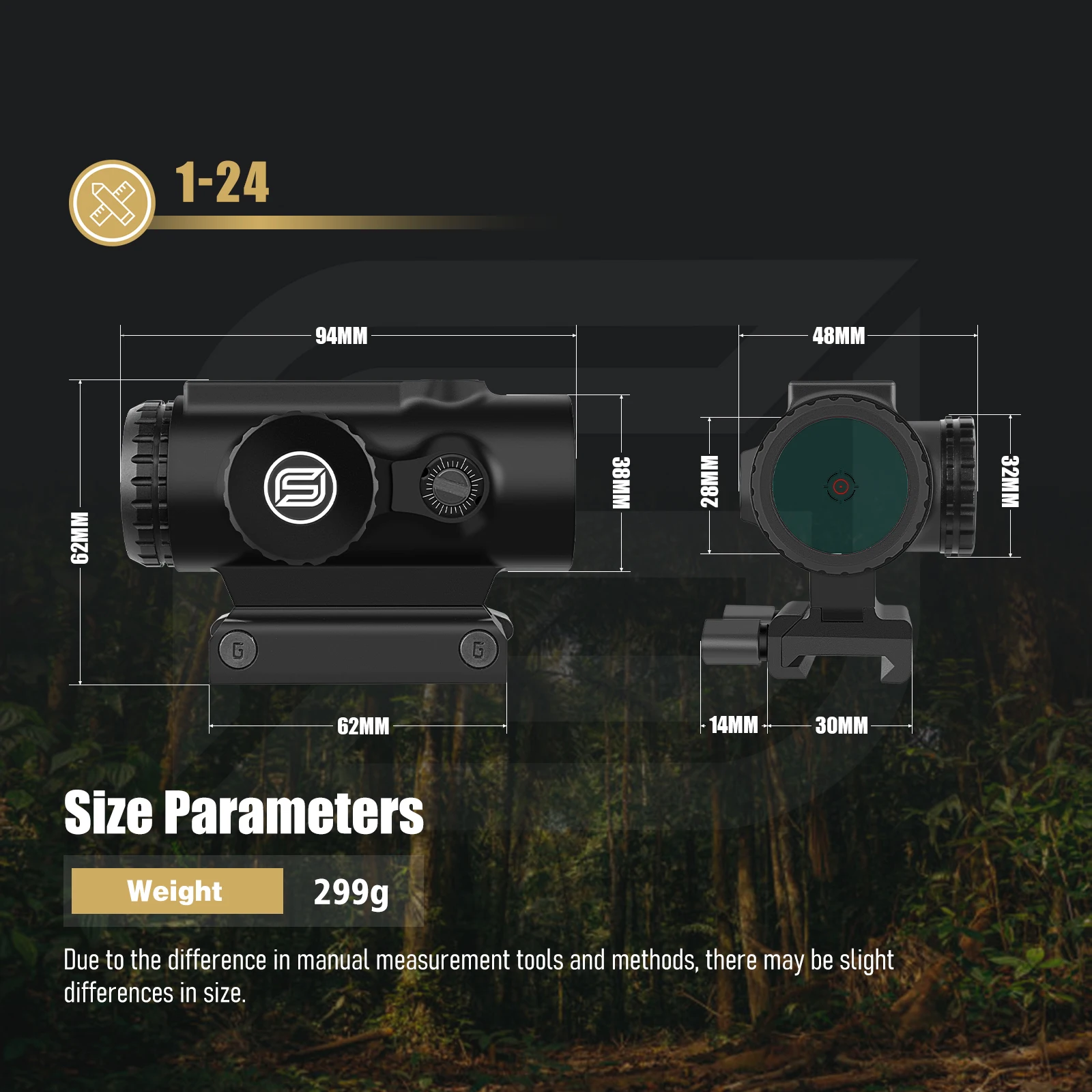 1x24 IPX7 FMC Waterproof Red Green Dot Sight Solar Hunting 1x Tactical Prism Scope