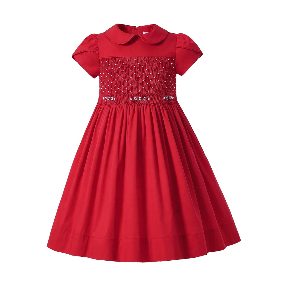 Premium Bespoke Red Front Back Handmade Kids Smocked Dresses For Girls Clothing  2-14Y 1BAG=1PCS