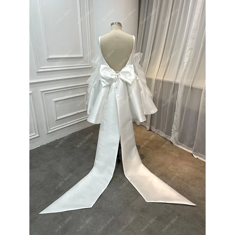 Women Short Satin Party Gowns Long Sleeves Civil Boat Neckline Mini Mikado Wear Princess Bridal Corset Wedding Dresses with Bow