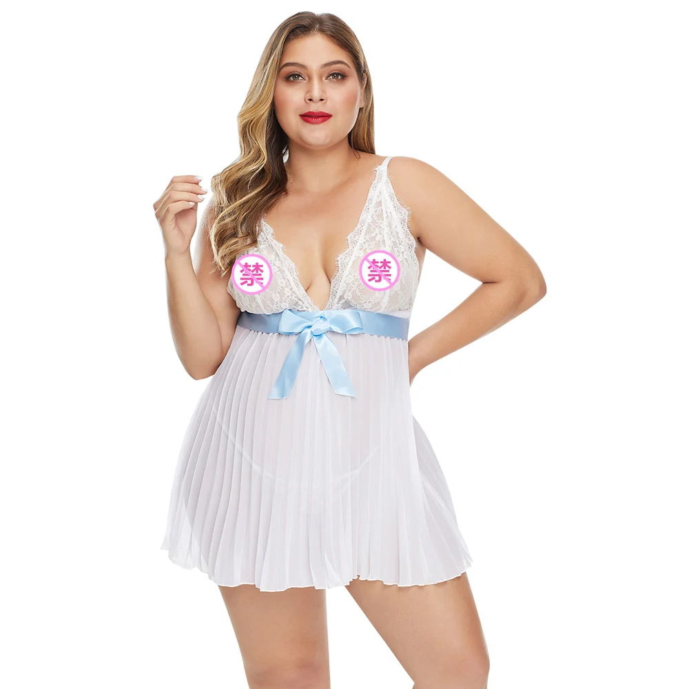 Модное женское белье горячие сексуальные пижамы Белый Окунуться V шеи Кружева Бюст плиссированные плюс размер Babydoll