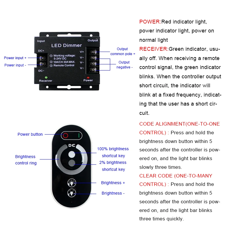 12v 24v monochrome 6 keys touch RF wireless remote control single color led strip brightness PWM dimmer led controller