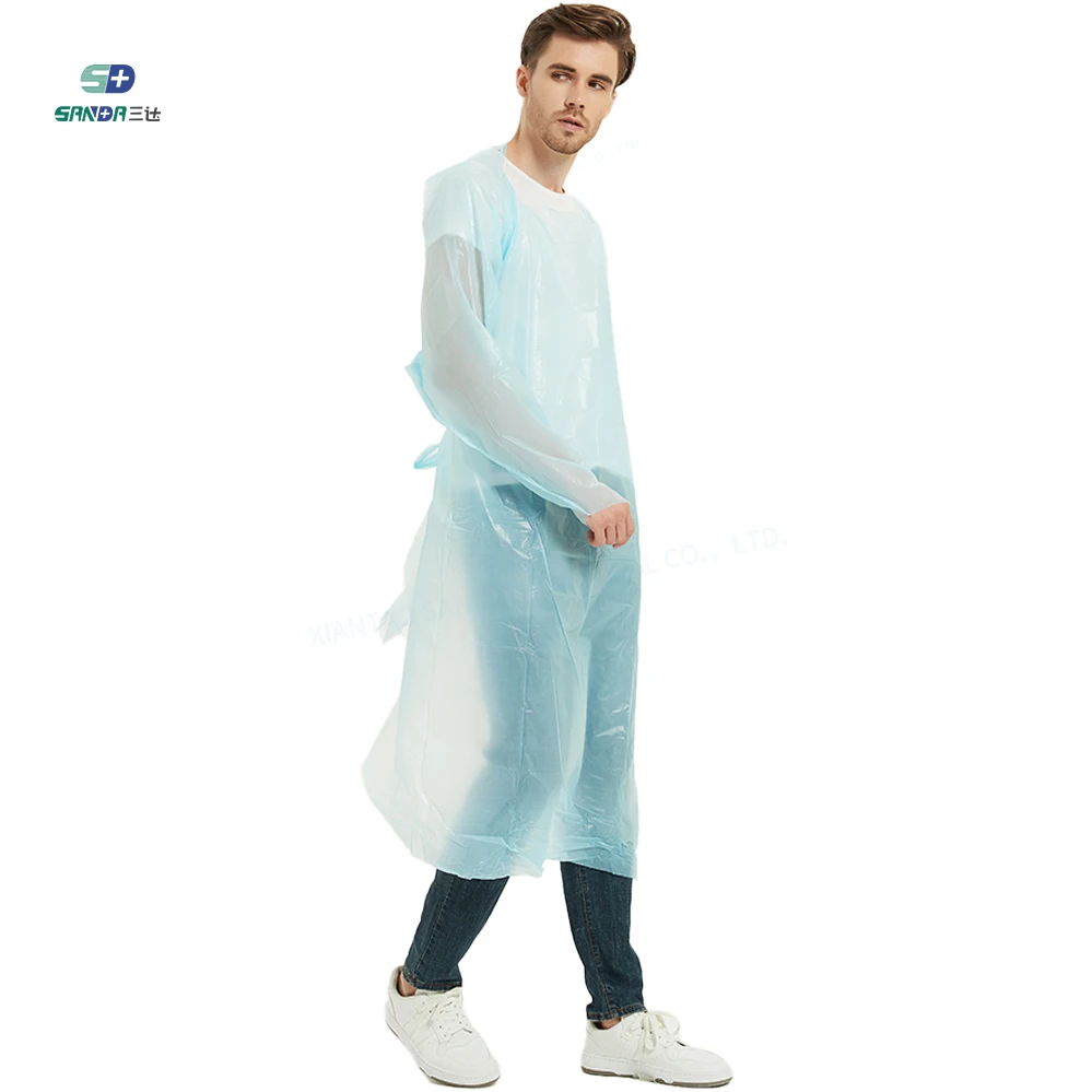 Wholesale Back-opening Light Blue Waterproof Plastic Apron Polyethylene Medical Disposable CPE Isolation Gown