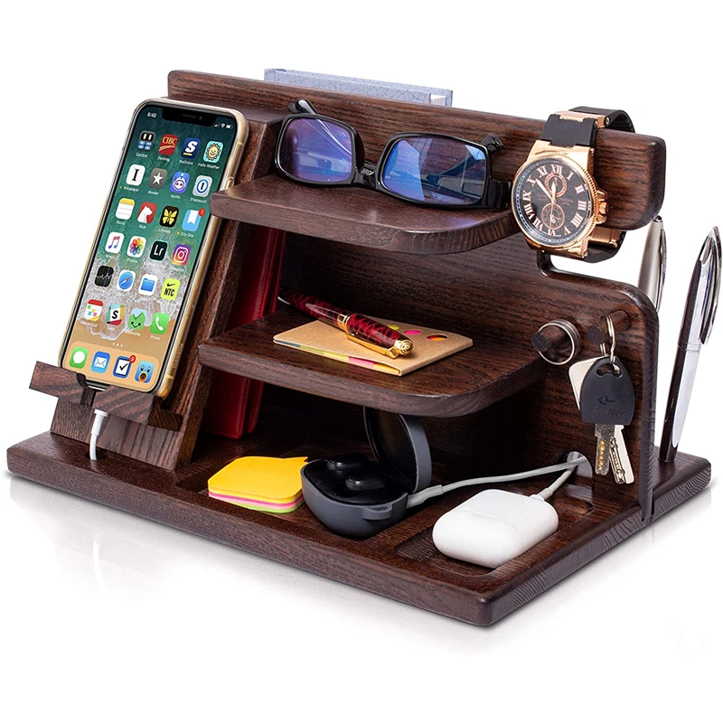 High Quality Wood Docking Station Storage Rack Nightstand Organizer With Coaster Charges Phone And Holder