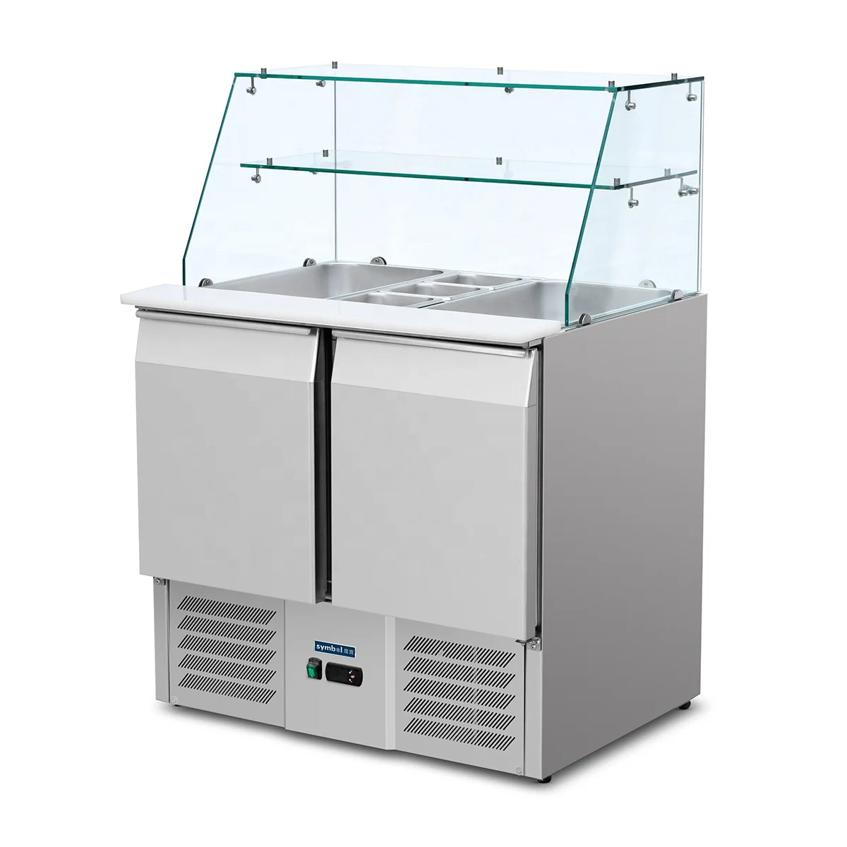 2-door Static cooling glass cover salad display refrigerated worktop cold salad bar pizza preparation table for restaurant