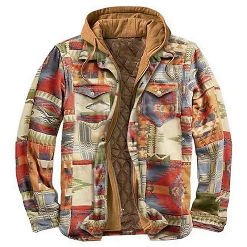 Thickened Cotton Printed Hooded Long Sleeve Button Warm Padded Flannel Winter Jacket Coat Mens