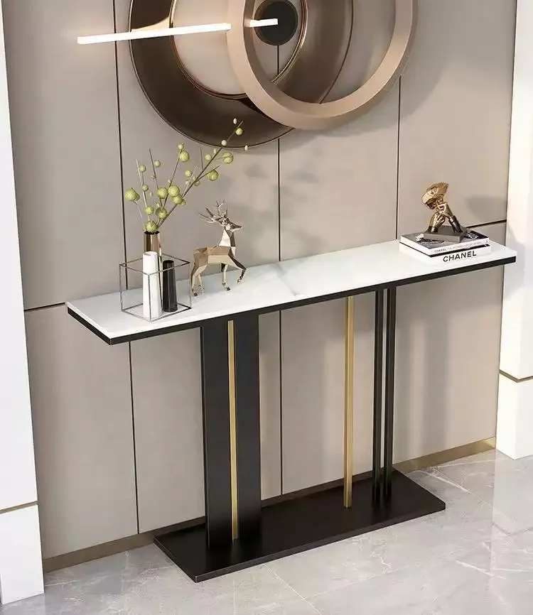 120CM Modern White Marble Pattern Tabletop TV Console Table Entryway Porch Table with Black Legs
