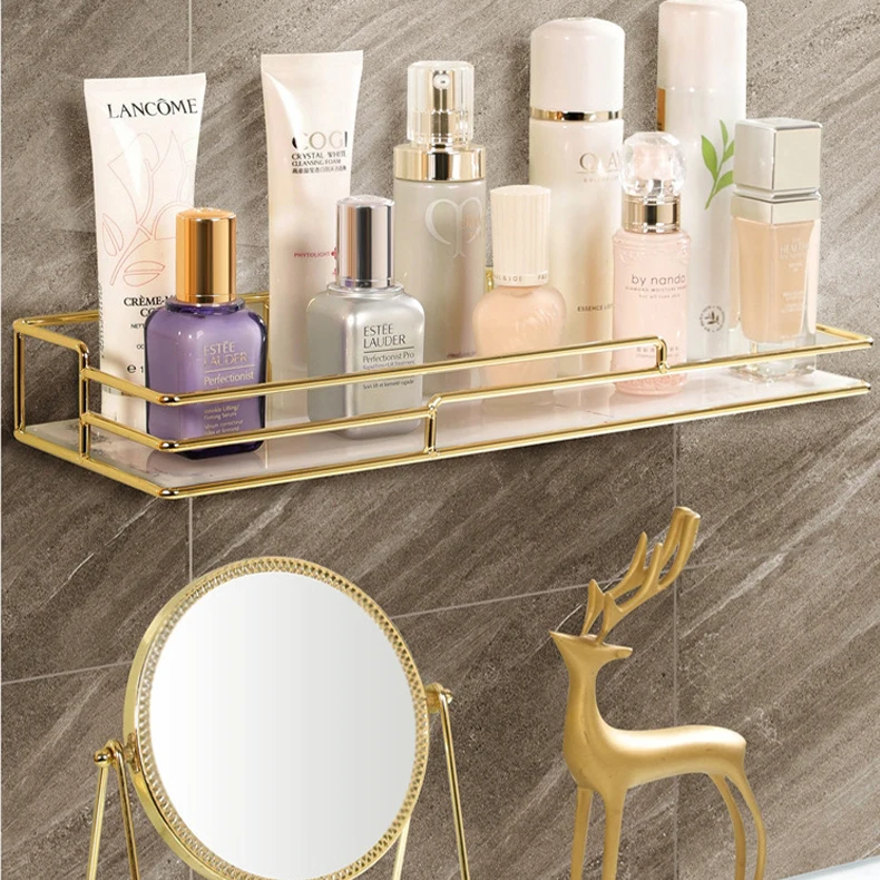 Bathroom Shelf Gold Modern Luxury Nordic Storage Rack Furniture Glass Metal Mounted Floating Wall Bathroom Shelves For Wall