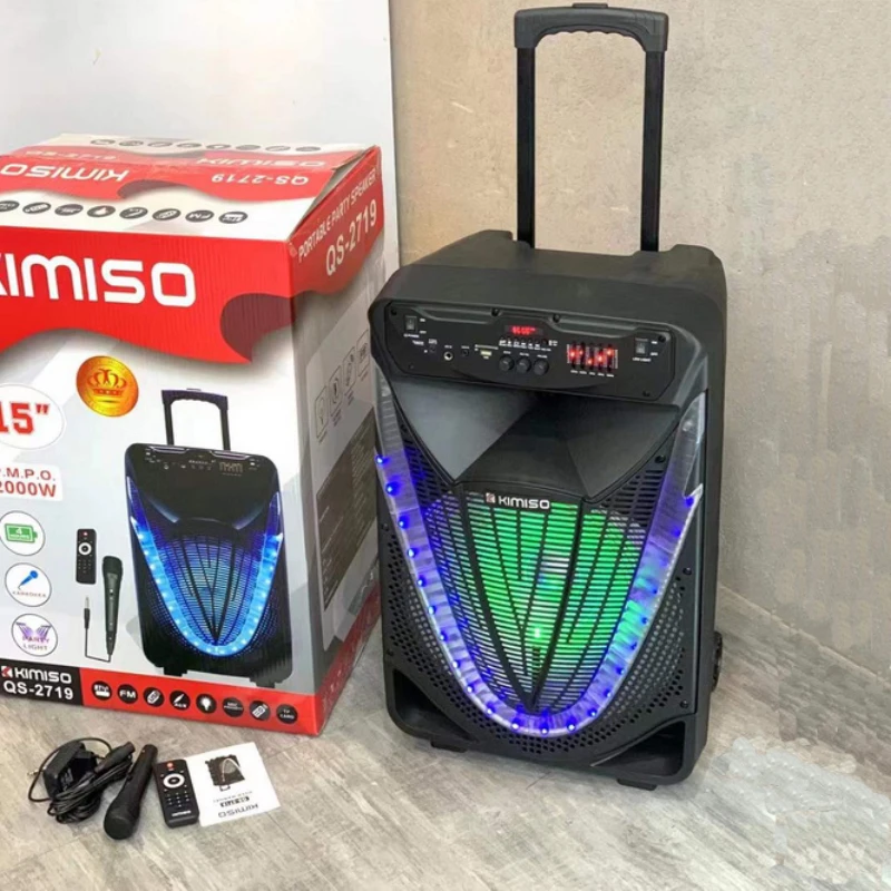 Kimiso15 дюймов BT динамик QS-2719 со светодиодной цветной свет и беспроводной микрофон для караоке на открытом воздухе диктор вагонетки