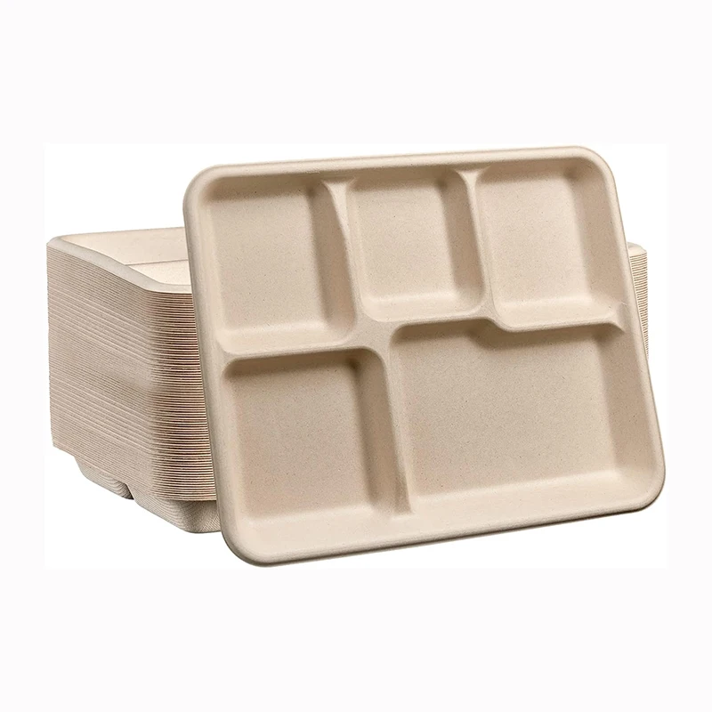 Customized Biodegradable Disposable Plates 5 Compartment Sugarcane Bagasse Tray for Wedding