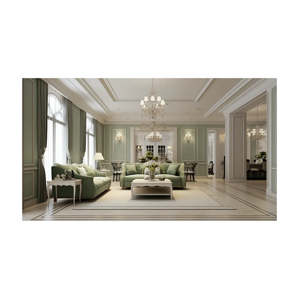 2024 AI Creative Concept Design European Line Board Romantic Style Green Color Space 3D Rendering Interior Services