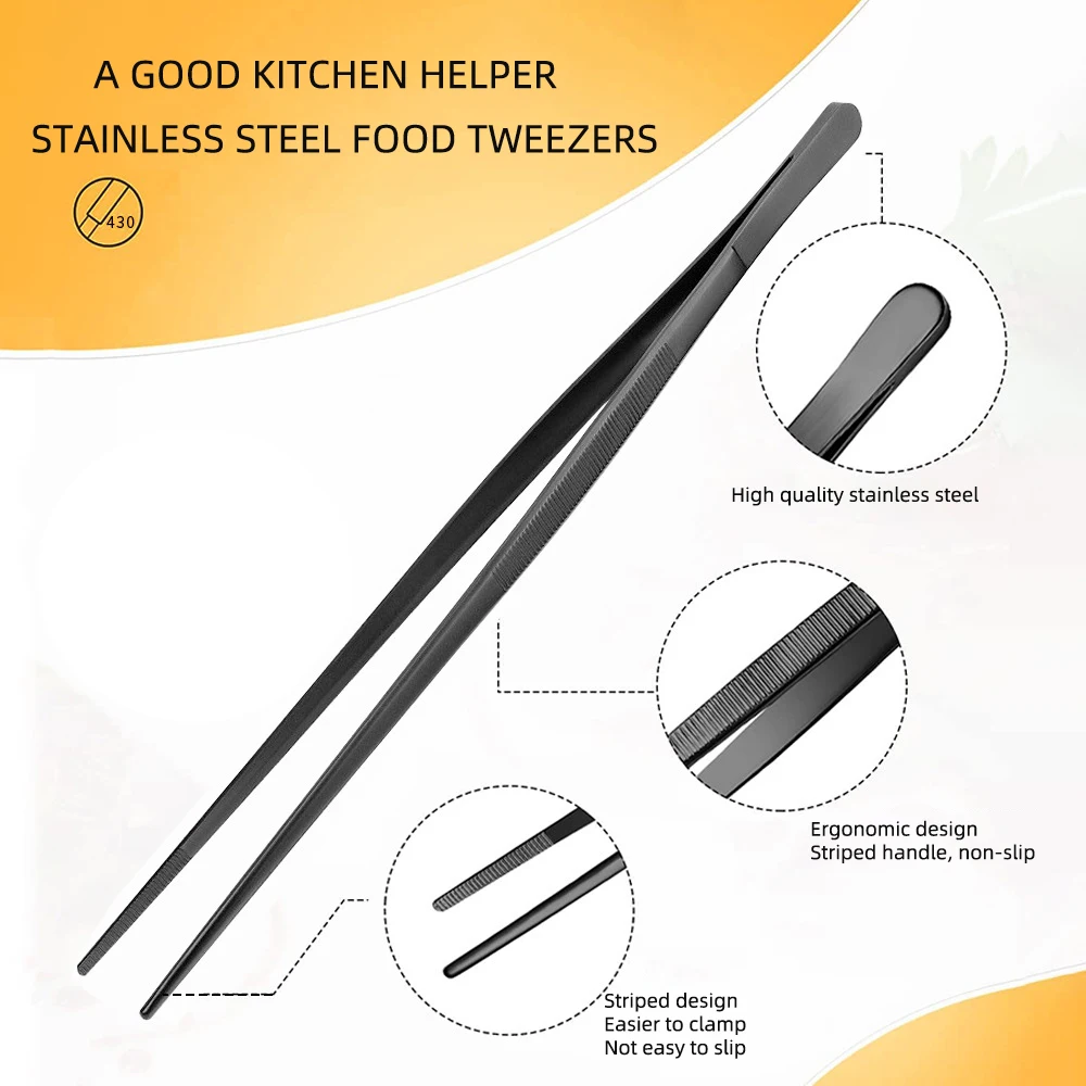 12 Inch Stainless Steel Kitchen Chef Tweezers Sets Food Long Tong with Serrated Tips food Tweezer for Cooking