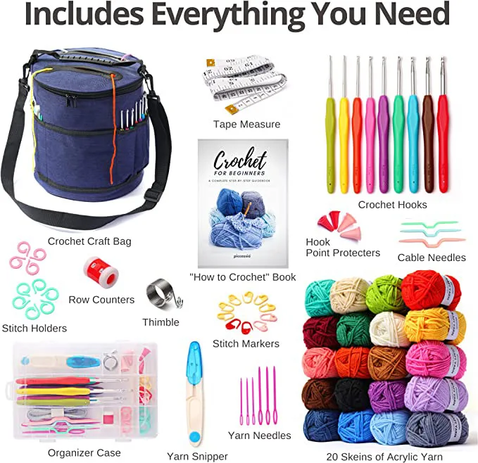 crochet kit set with yarns, crochet hook and full set accessories with tote organizer for beginner