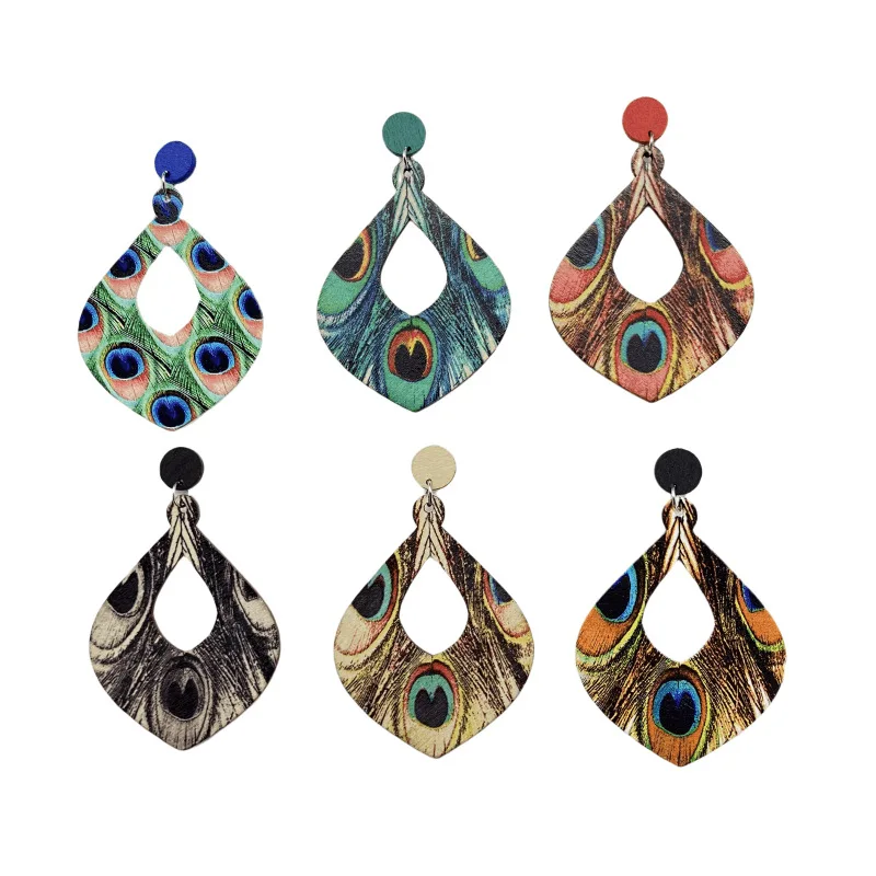 Bohemian Style Vintage Long Earrings Ethnic Style Peacock Feather Wooden Earrings For Women