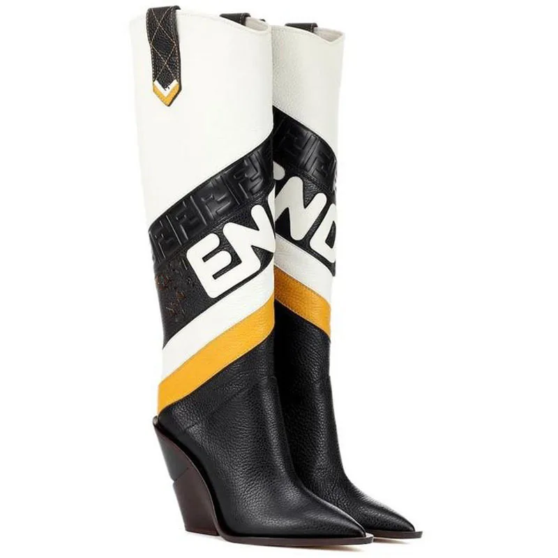 Женские кожаные сапоги до колена на среднем каблуке, сапоги на танкетке, высокие сапоги на высоком каблуке, большой размер 44