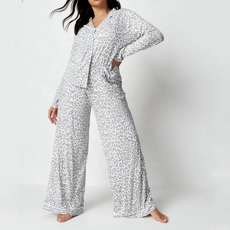 New arrival long sleeve women plus size grey leopard print shirt pajama two piece set ladies loungewear pyjama
