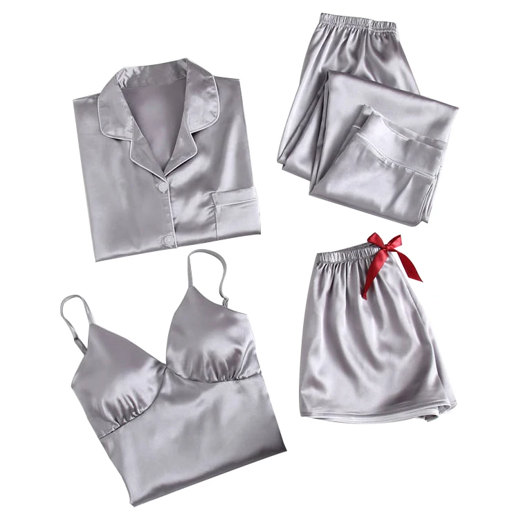 Wholesale Long Sleeve Silk 4 Piece Satin Sleepwear Pajamas Sets For Women