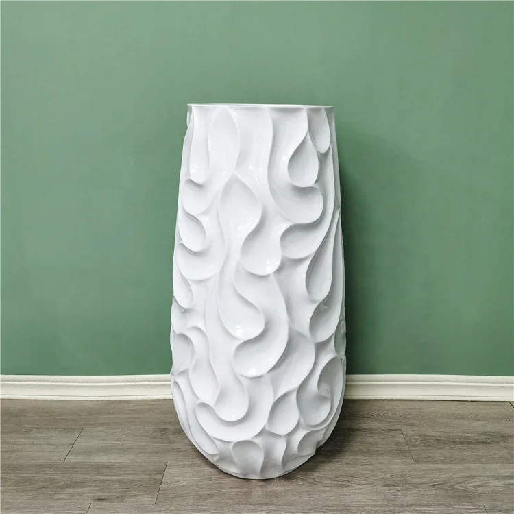 Set of 2 white relief painting fiber cement concrete pots large round shape relief vase for plant home decor