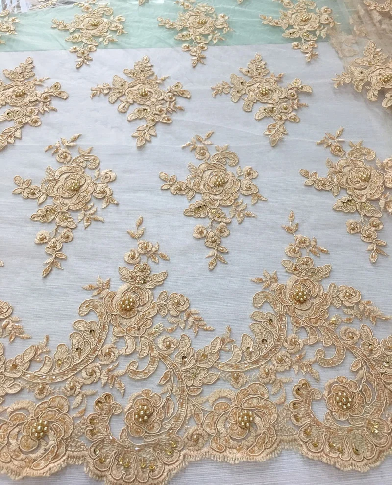 fashion gold embroidery cord lace with handmade pearls sequin beaded lace tulle  embroidered wholesale fabric for dress