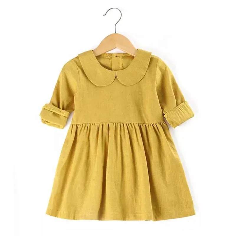 
Wholesale Baby Clothes Girl Dress Linen Peter Pan Collar Dress Long Sleeve Baby Dress High Quality 