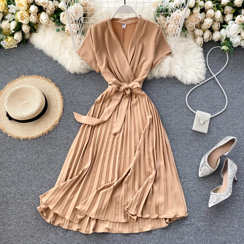New arrival french style short sleeve v neck casual street wear fashion pleated abaya dress