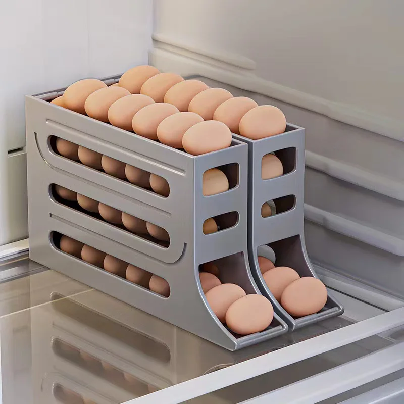 4 Tiers Egg Holder for Fridge Organizers and Storage Auto Rolling 30 Egg Carrier Crisper Space Saving Kitchen Eggs Dispenser