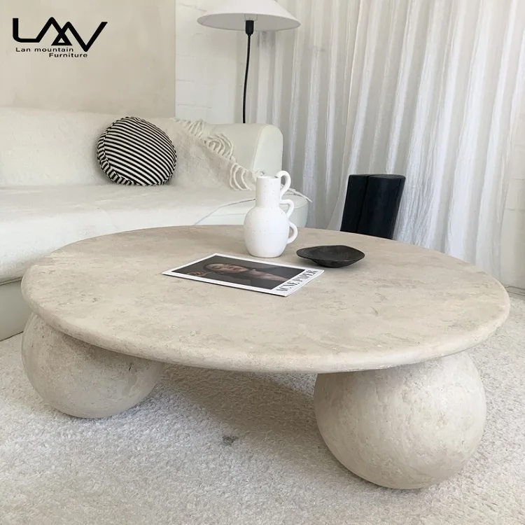 Nordic Designer Style Travertine Round Coffee Table Villa Living room Sphere Shape Leg Natural Stone Coffee Table