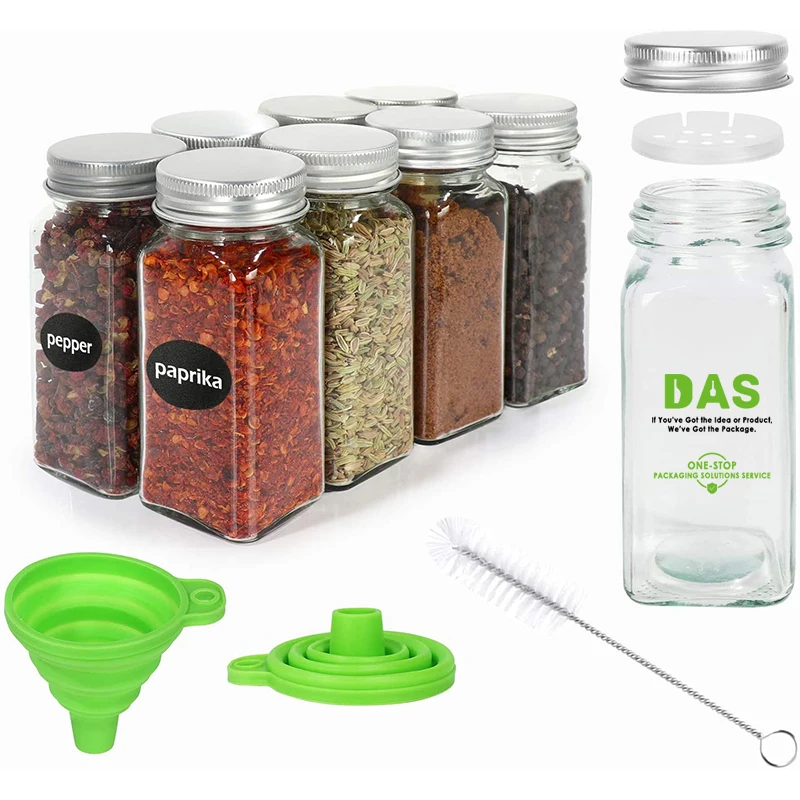 Eco Friendly Kitchen 4oz 120ml Square Set Salt Pepper Spice Jar Glass Storage Container Jar with Shaker Aluminum Lids and Label