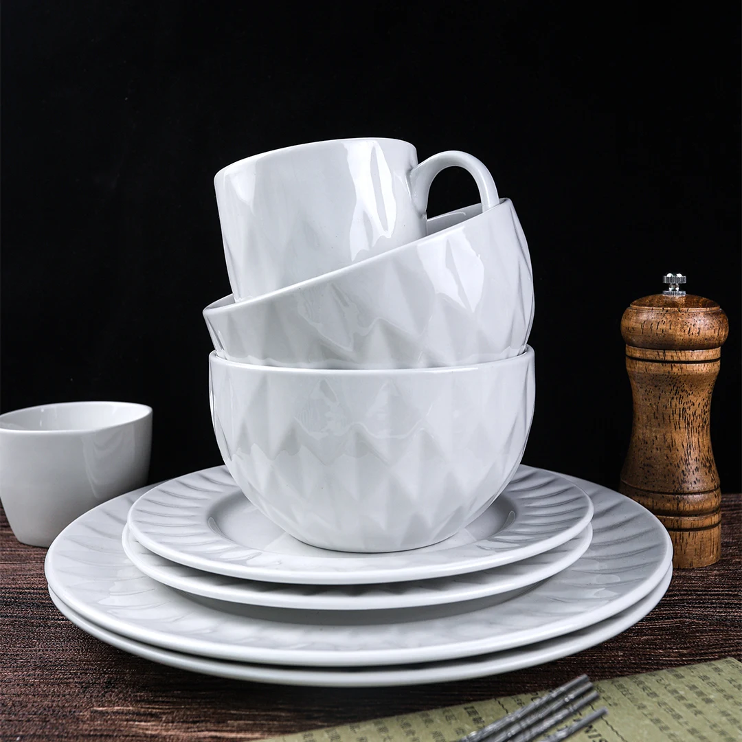 chip resistant scratch resistant dinner plate salad plate cereal bowl mugs embossed white dinnerware collection