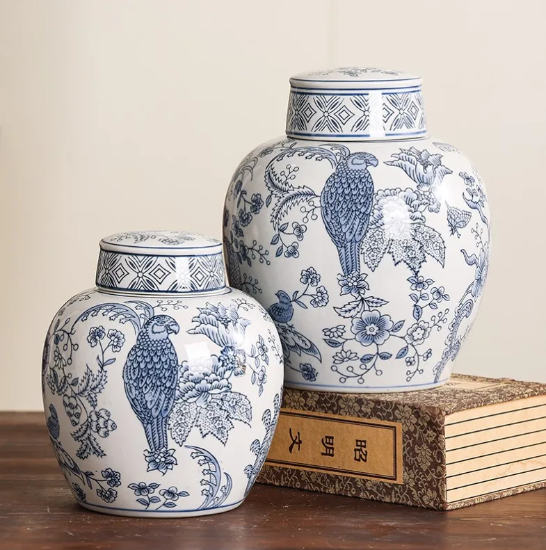 European blue and white round parrot ceramic canister set porcelain china mini flower vase