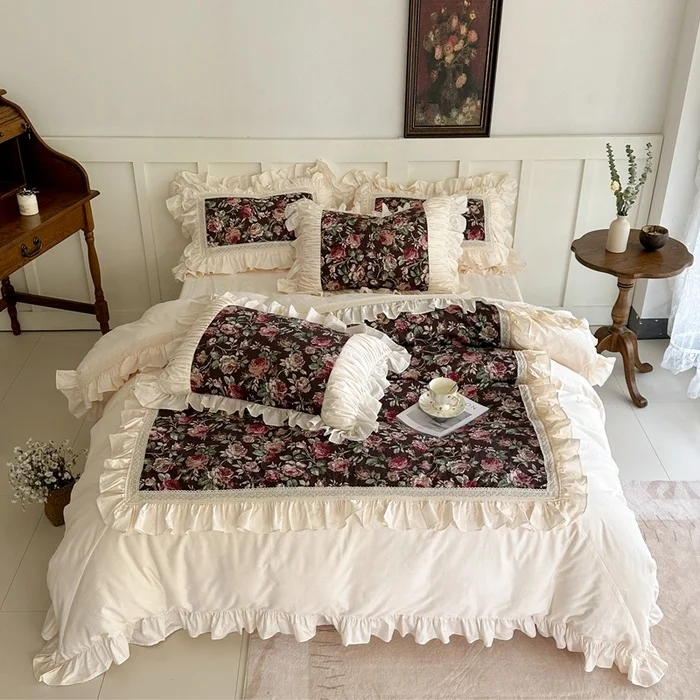 Wholesale New Retro French Style Floral Duvet Cover Sets Factory Princesses Ruffled 100% Cotton Embroidery 4-in-1 Bedding Set