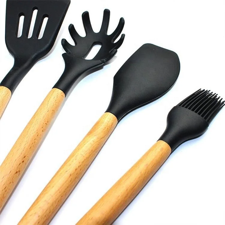 Hot sale Wooden handle silicone kitchen spatula non-stick cooking spatula spoon sets