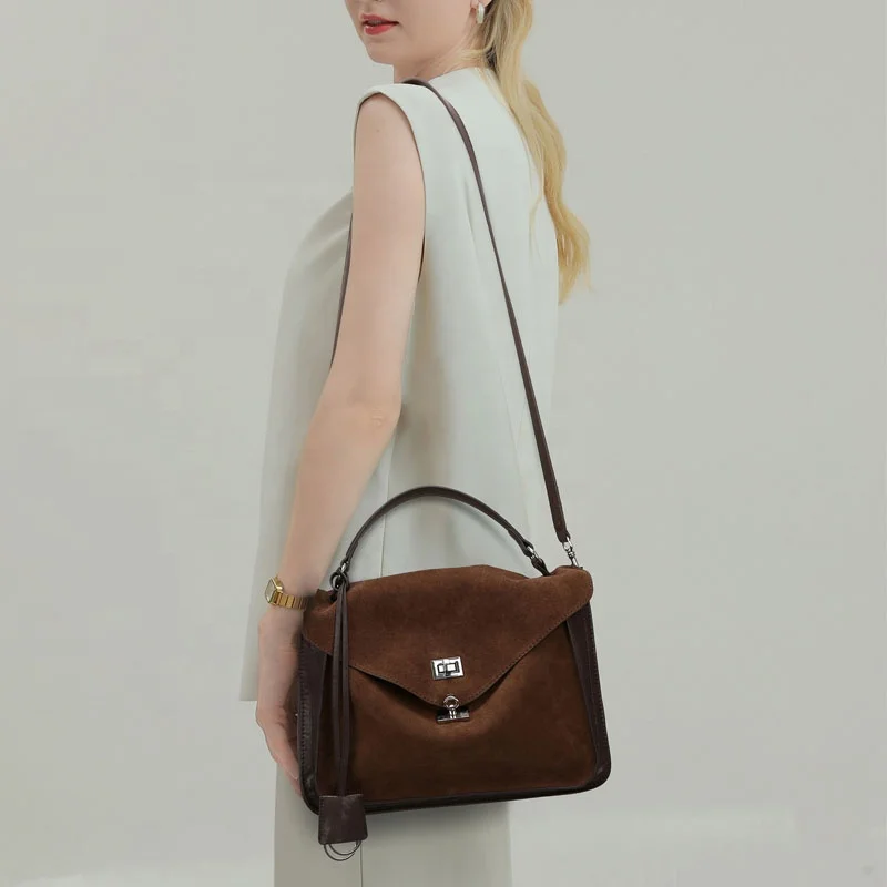 online retailer wholesale trendy women red suede PU leather shoulder bags square handbag