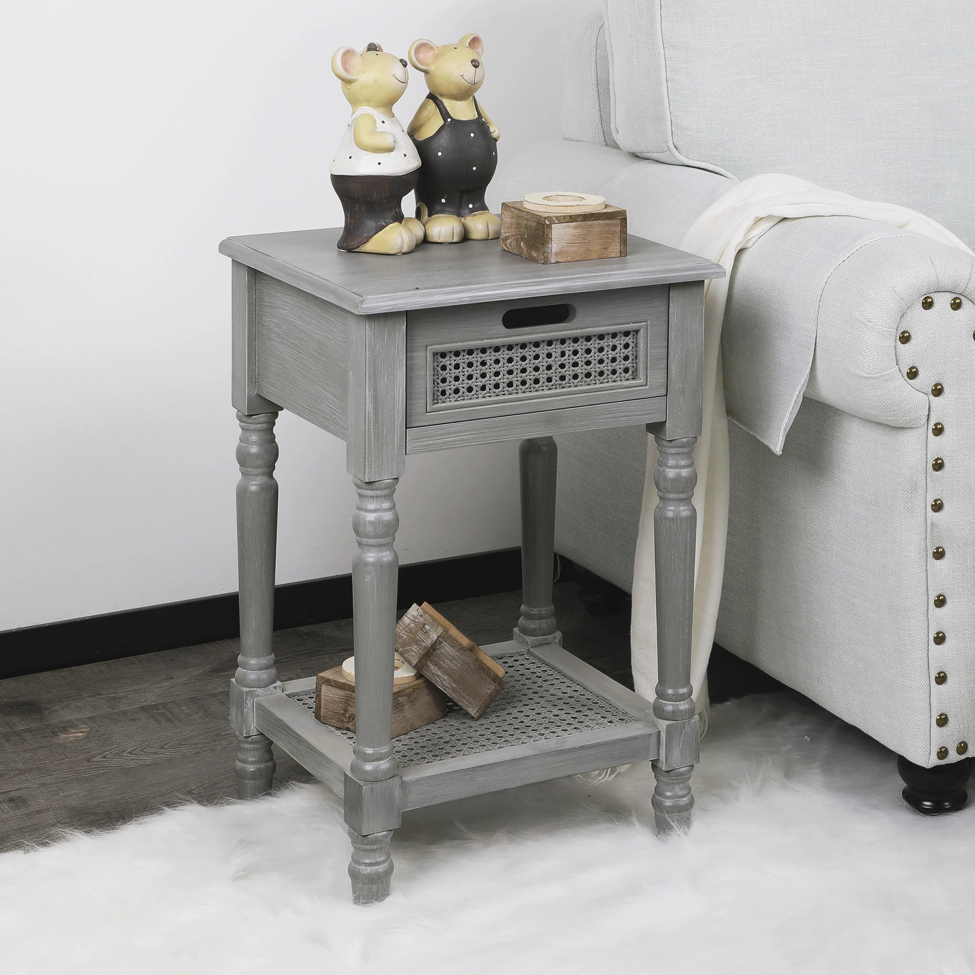 Accent Furniture Vintage Light Luxury Rattan Weave Small Nightstand Storage Cabinet