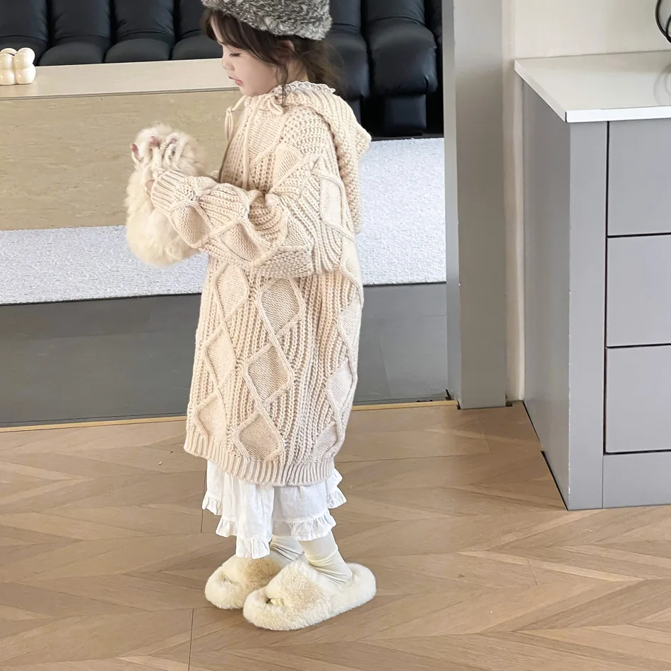2023 Casual Winter Girls Knitted Hooded Sweater Dress for Kids