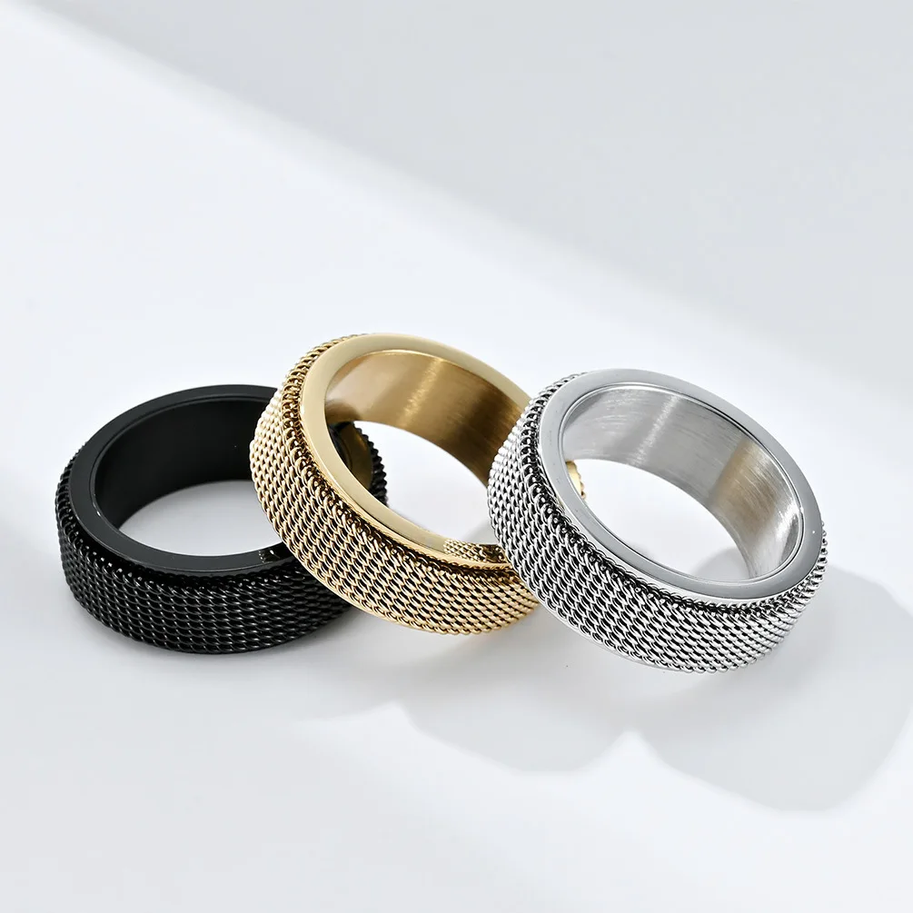 Fashion Mesh Stainless Steel Ring For Men Personalized Rotatable Spinning Fidget Band Ring