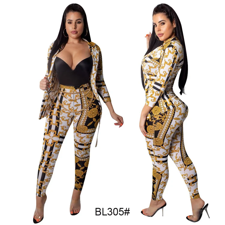 
European and American leisure print small suit jacket for women top Two-piece nightclub suit 